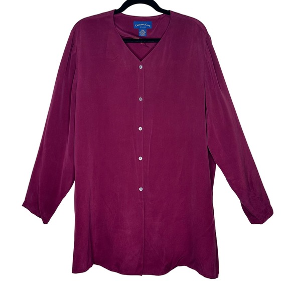 Charter Club 100% Silk Woman's 16W Tunic Top Button Front Long Sleeve Burgundy - Picture 1 of 6